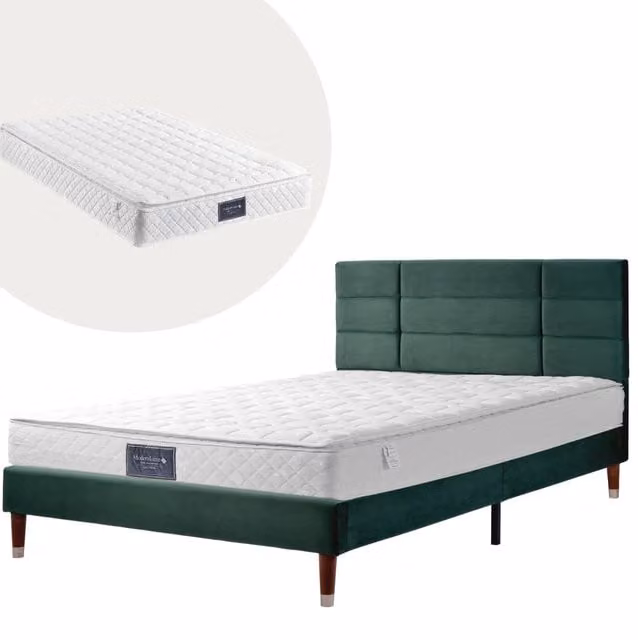 Letto matrimoniale imbottito 140x200 cm con rete a doghe, struttura in velluto verde scuro e testiera imbottita