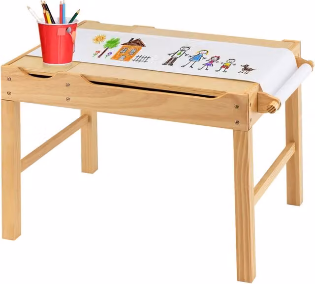 Tavolo multiattività per bambini Design Mania in legno di pino naturale con piano reversibile e porta rotolo per disegno, L: 60 cm, P: 57 cm, H: 86,5 cm – 1