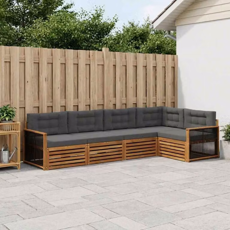 Set di divani da esterno vidaXL a forma di L composto da 5 pezzi in legno di acacia con cuscini in tessuto beige e antracite