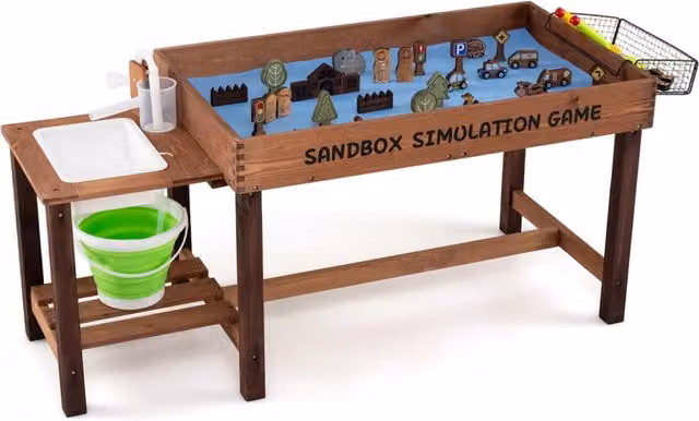 Sabbiera e tavolo acqua per bambini in legno marrone con pompa e lavello smontabile per esterni