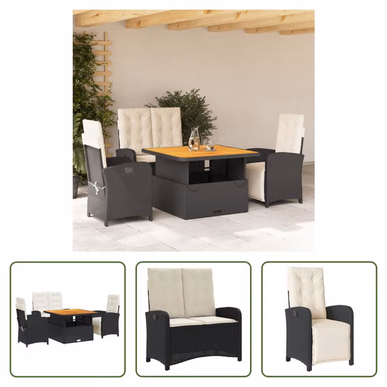 The Living Store Set da pranzo da giardino 4 pezzi con cuscini in poly rattan nero
