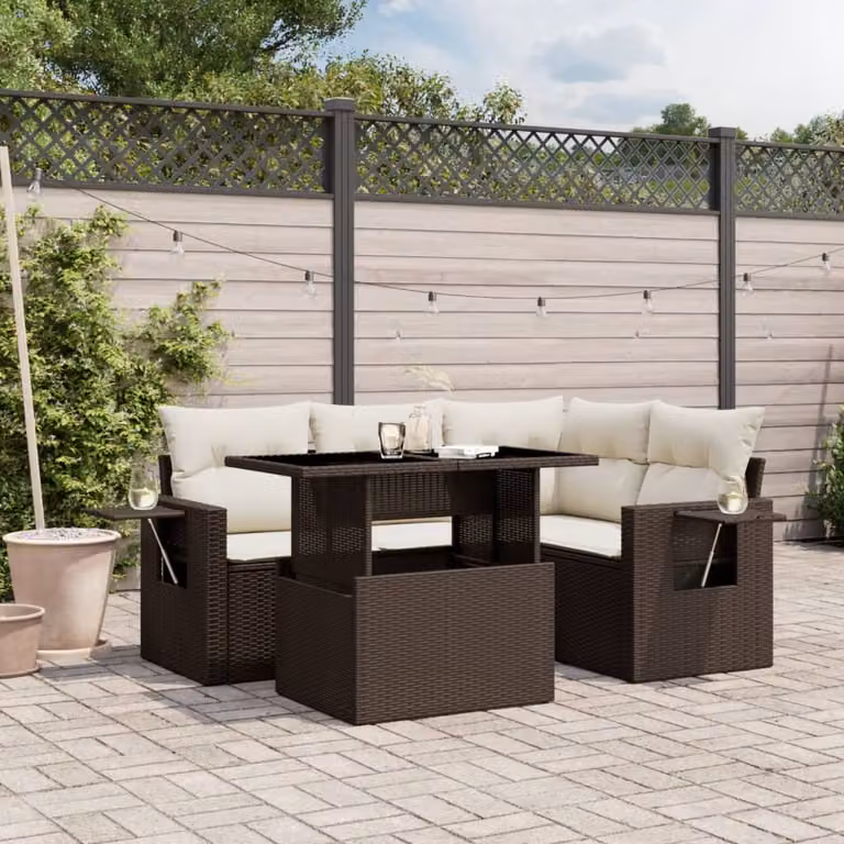 vidaXL Set Divano da Giardino 5 pz a Forma a L in Polyrattan Marrone con Cuscini e Tavolino