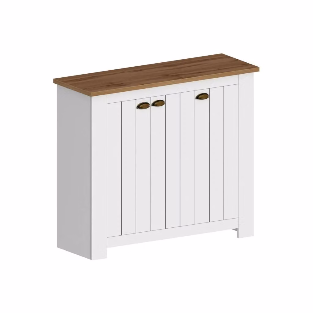 Scarpiera DMORA moderna con 3 ante, armadio porta scarpe per ingresso in legno e MDF, L: 114 cm, P: 42 cm, H: 100 cm, Bianco e Rovere – 2