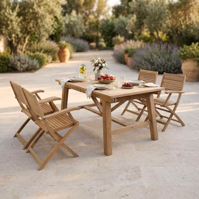 Milani Home - Set tavolo e sedie da giardino per esterno in legno resistente di teak cm 160/240x90x77 h con 4 sedute - Marrone