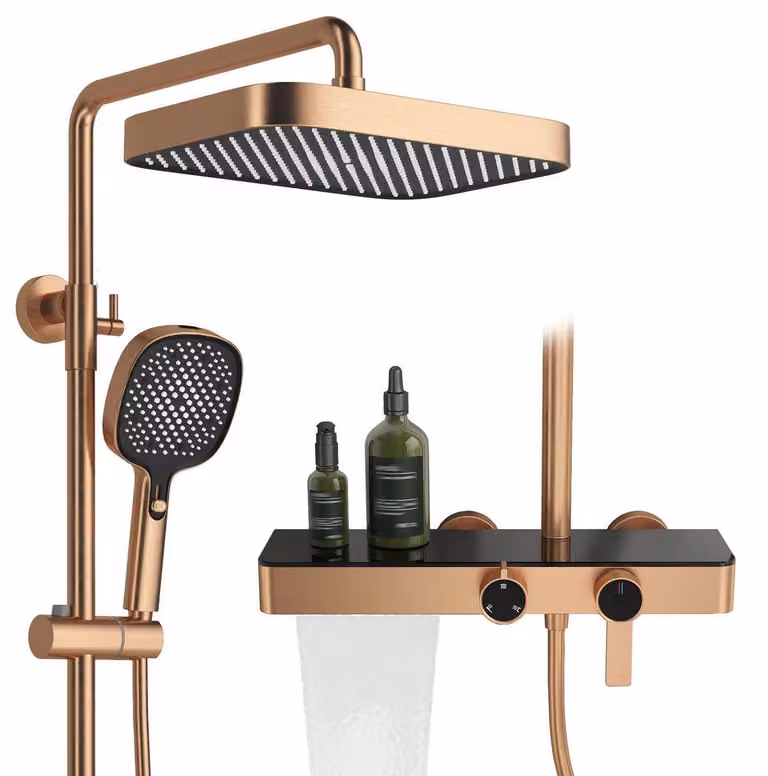Sistema doccia con ripiano, soffione quadrato 30x20 cm, doccia a pioggia con miscelatore, miscelatore per vasca da bagno a cascata, in ottone 59A, regolabile in altezza, finitura rosa oro