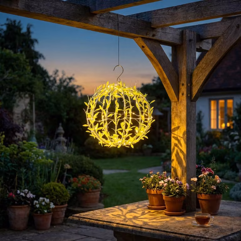Sfera luminosa solare con motivo a foglie - Sfera da giardino Ø 20 cm con 72 LED bianco caldo - Lampada da esterno IP44 con picchetto, gancio a S e pannello solare inclusi