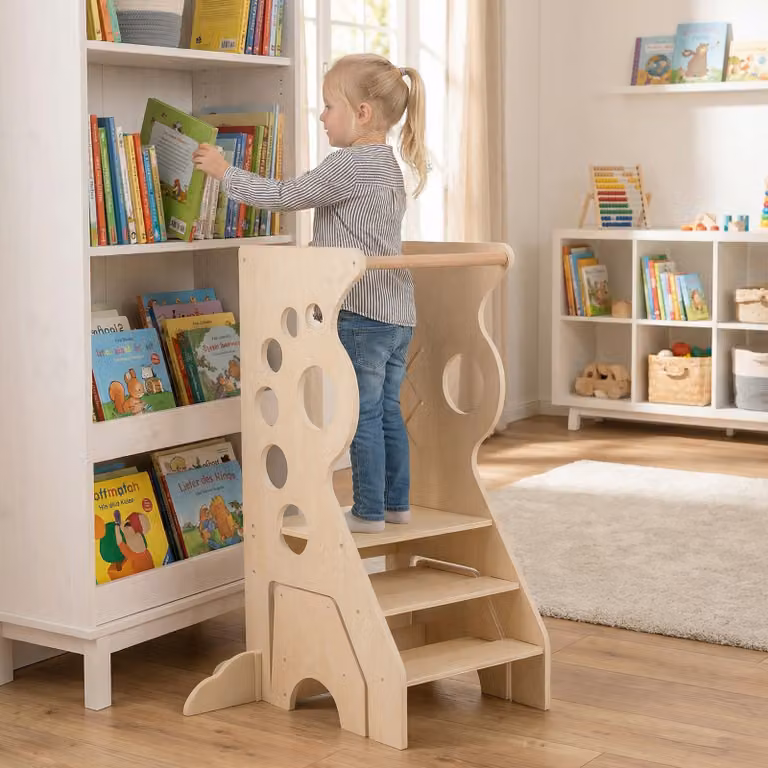 Torretta di apprendimento e sgabello 2 in 1 Costway in legno per bambini, set tavolo e sedia stile scandinavo, colore beige e marrone