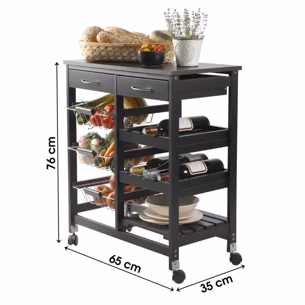 Carrello di servizio Meublorama in metallo nero opaco con ruote, 3 ripiani, L: 65 cm, P: 35 cm, H: 76 cm – 2