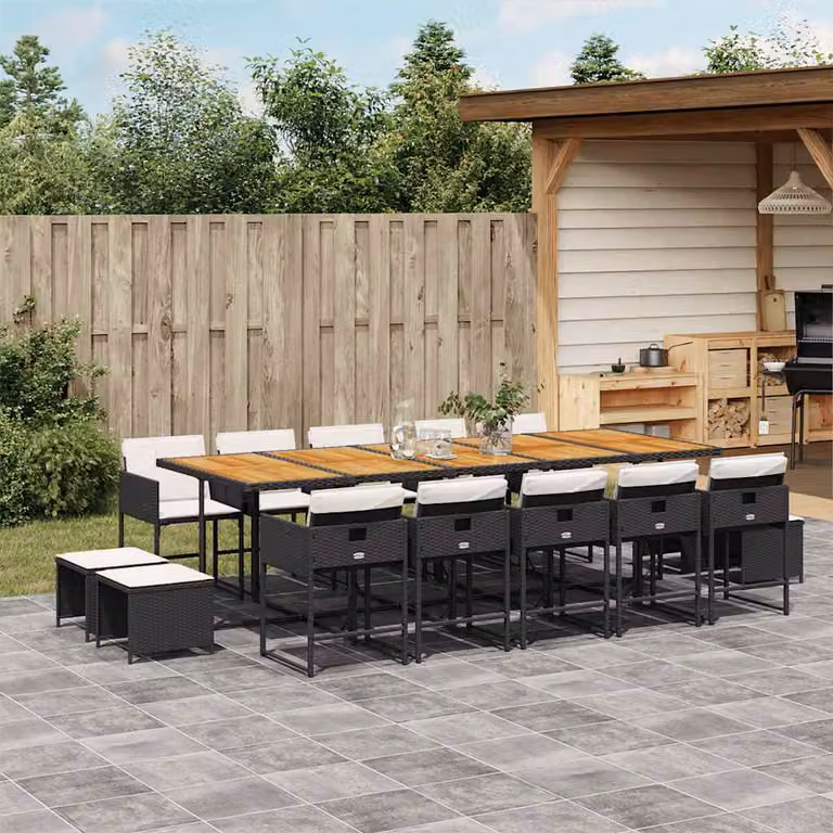 Set da pranzo da giardino vidaXL in polyrattan nero con cuscini e tavolo in legno di acacia 15 pz