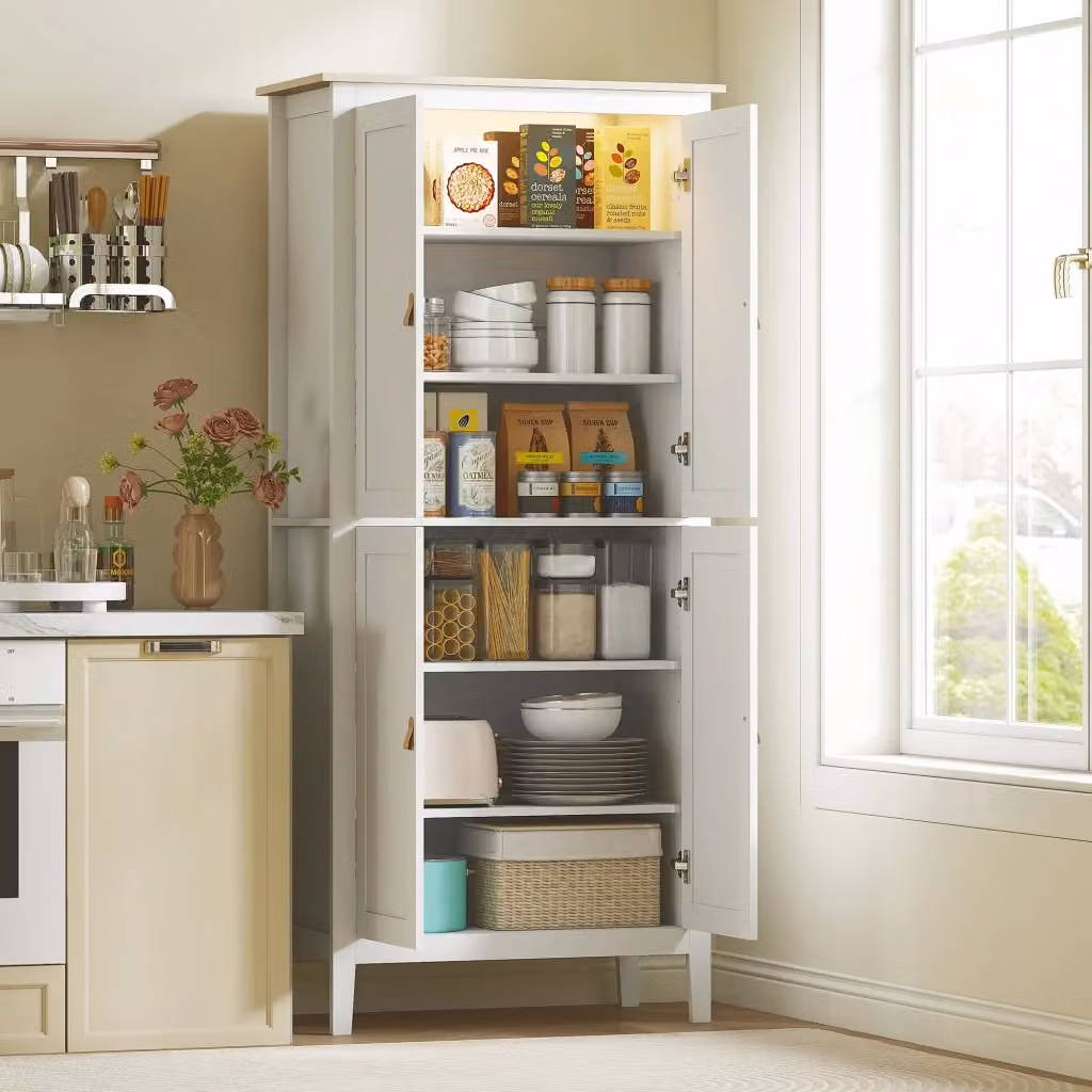 Credenza Moderna GIORDANOSHOP per Cucina o Soggiorno in MDF Bianco con Luce LED Integrata e Ripiani Interni L: 80 cm, P: 40 cm, H: 176,5 cm – 2