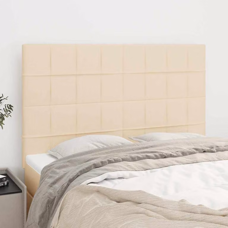 Testiera per letto vidaXL in tessuto beige con struttura in legno e pannello imbottito L: 144 cm, P: 5 cm, H: 118-128 cm