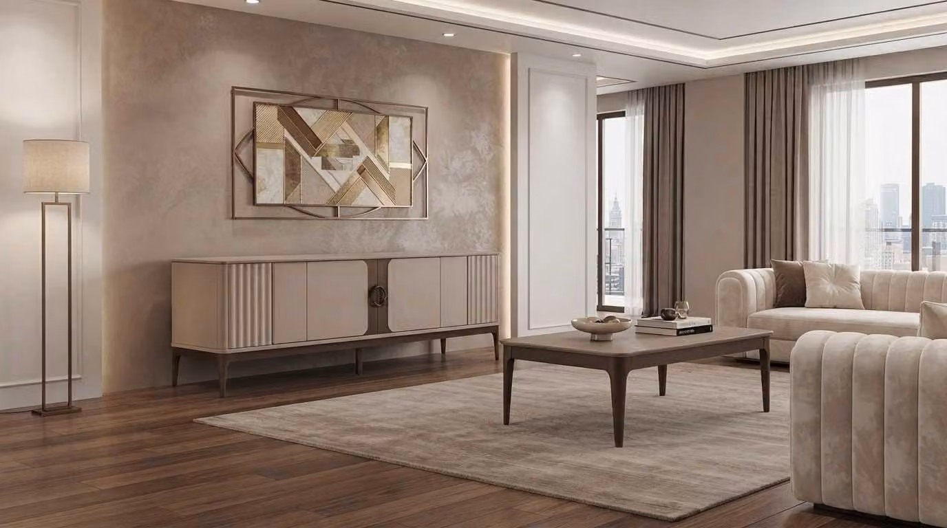 Set per soggiorno, 2 pezzi, beige, moderno, lussuoso: mobile basso, tavolino