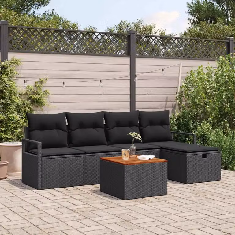 Set Divano da Giardino a L vidaXL 6 Pezzi in Polyrattan Nero con Cuscini e Tavolino