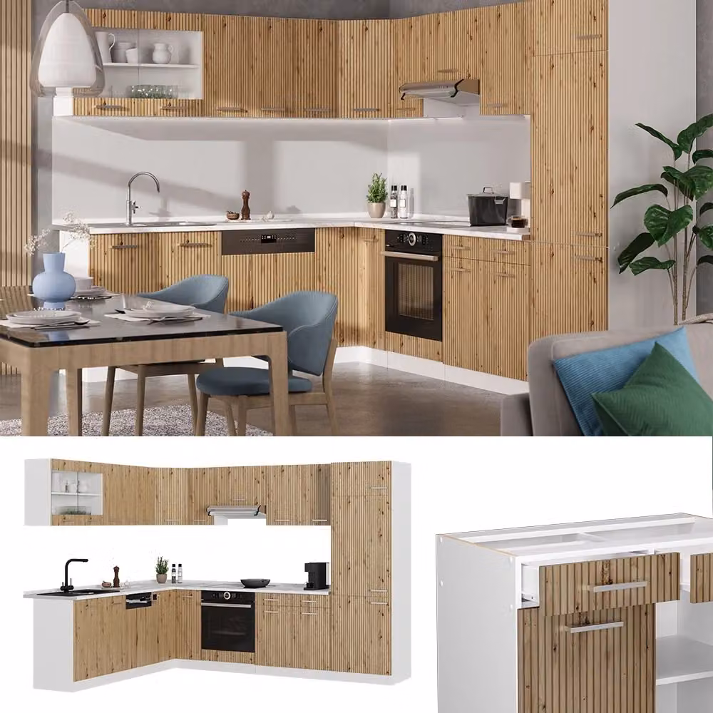 Cucina angolare moderna Vicco R-Line in rovere e bianco con piano in marmo 287 x 227 cm – 2