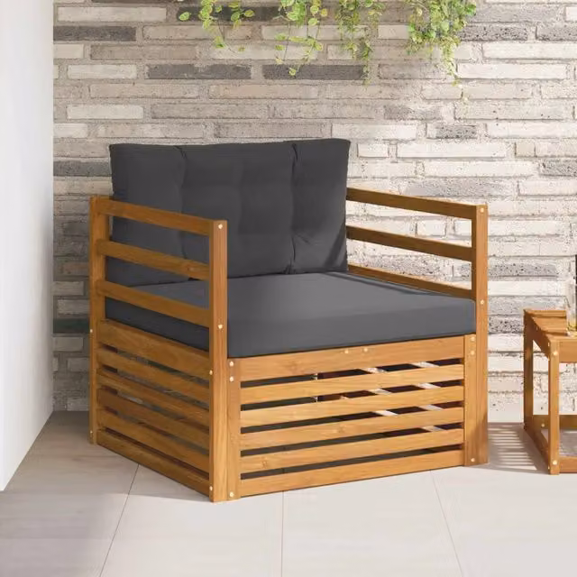Divano da esterno moderno in legno di acacia massello con cuscini in tessuto grigio antracite