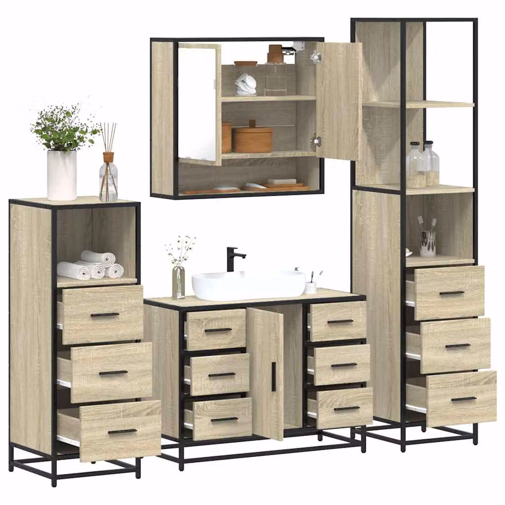 Set di mobili da bagno industrial vidaXL in legno e metallo, 4 pezzi, marrone e beige