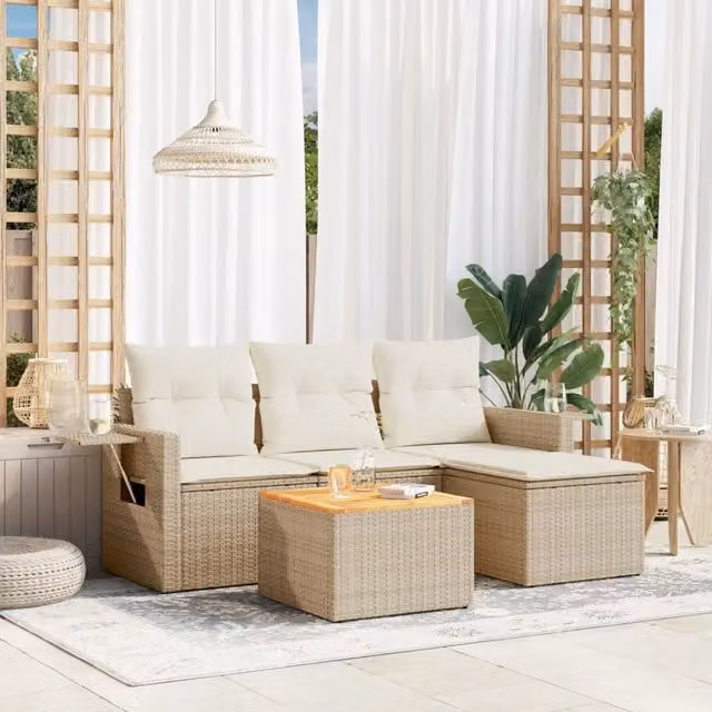 Set Divano da Giardino 5 pz con Cuscini-Sofa da Giardino-Divanetto da esterno Beige in Polyrattan 987846