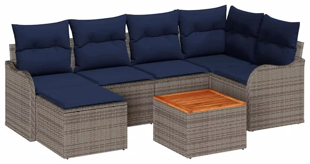Set da giardino composto da 7 pezzi, colore grigio, realizzato in rattan sintetico