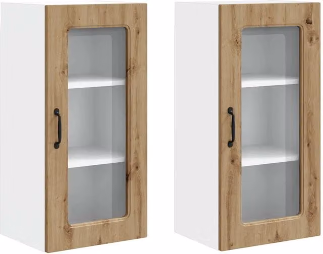 Mobile pensile moderno con ante in vetro e ripiani interni in legno color rovere marrone per cucina o soggiorno