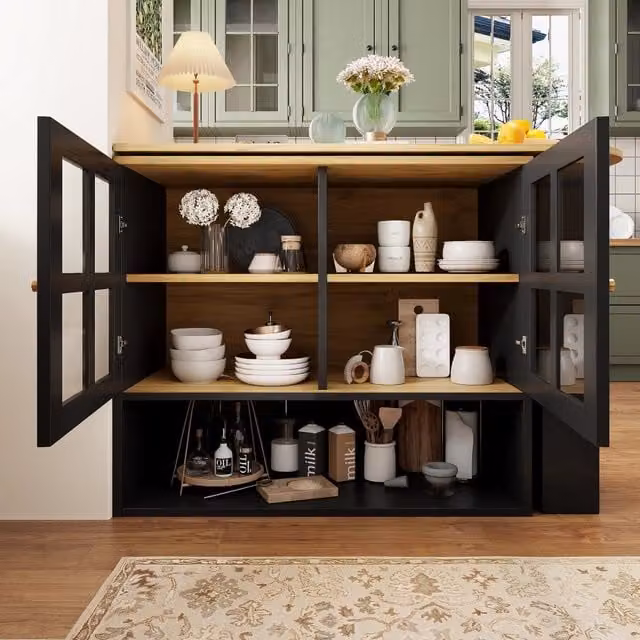 Credenza girevole moderna REDOM in MDF nero lucido con ante in vetro L: 138-204 cm, P: 39 cm, H: 102,5 cm