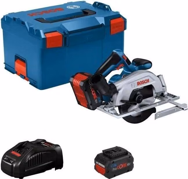 Sega circolare Bosch Professional GKS 18V-57-2, 2 batterie da 5,5 Ah, caricabatterie GAL1880 CV, L-BOXX