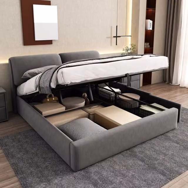 Letto matrimoniale 160 × 200 cm con vano idraulico e 3 cassetti, testiera regolabile, senza materasso, velluto grigio
