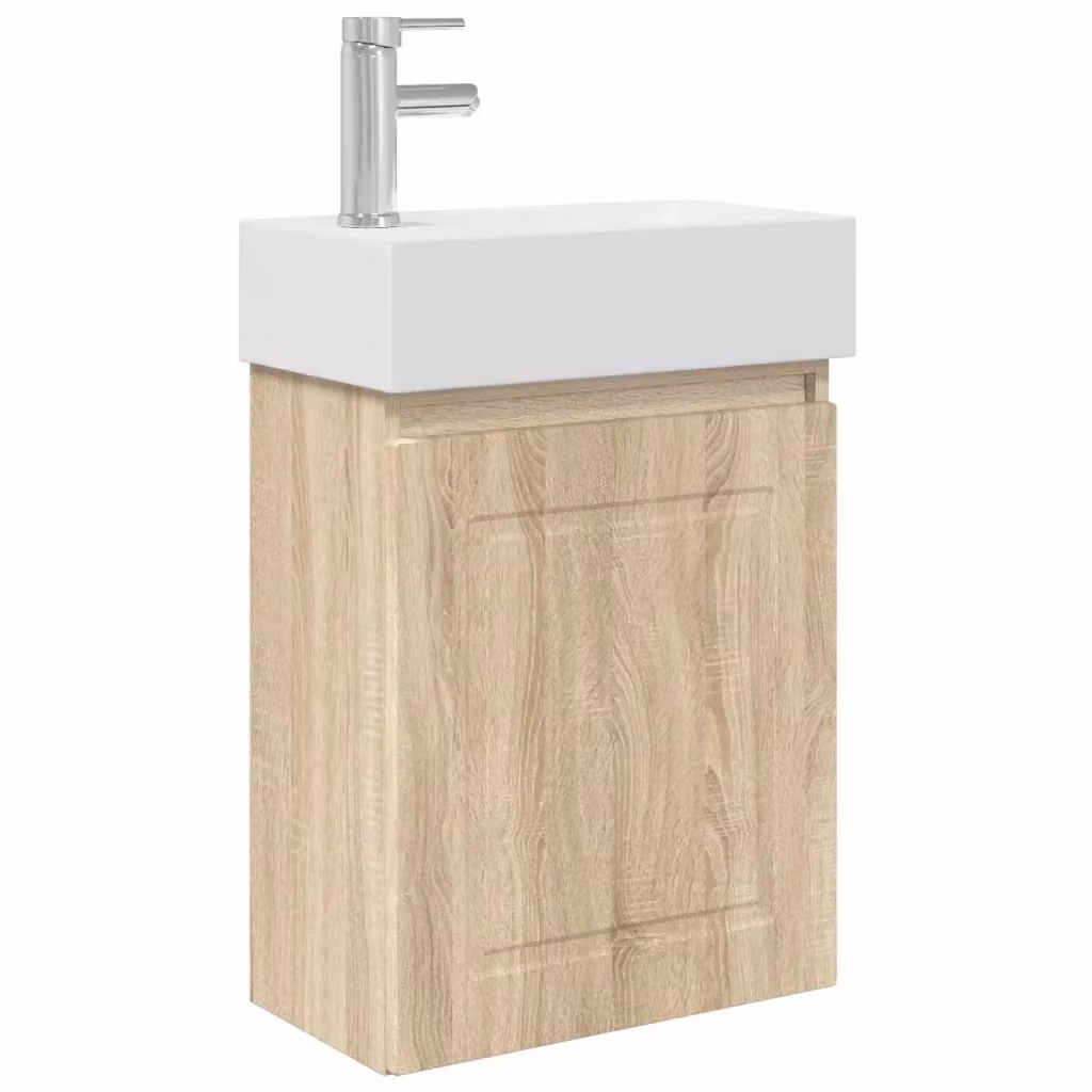 Mobile bagno moderno vidaXL in legno rovere e ceramica bianca, sospeso, L: 45,5 cm, P: 22,5 cm, H: 84 cm – 2