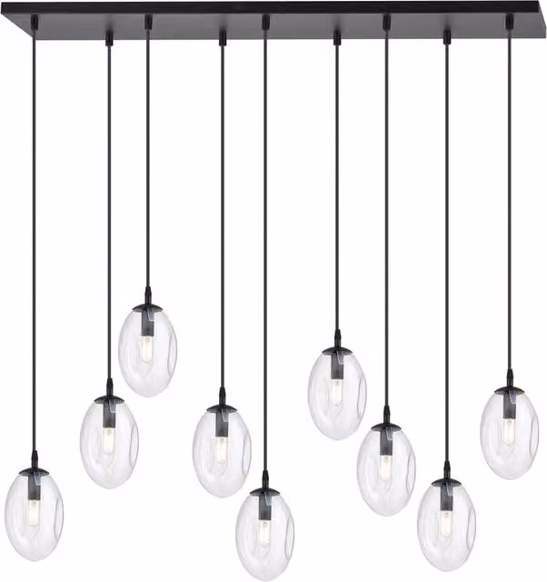 Sospensione Minimal 9 Luci Pendragon Acciaio Nero E Vetro Trasparente