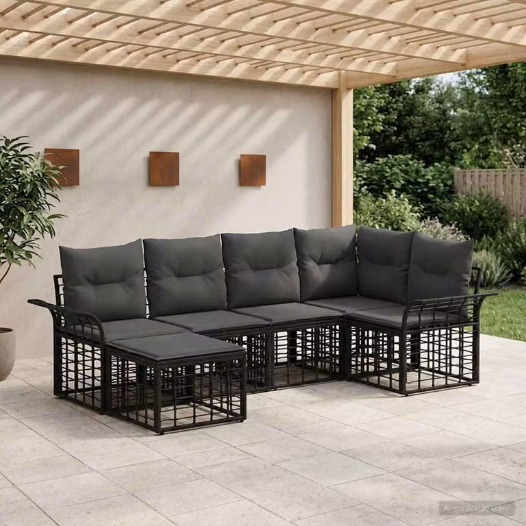 Set di divani da esterno vidaXL a forma di L composto da 6 pezzi con elementi angolari e pouf, colore nero e antracite, struttura in metallo e cuscini in schiuma con rivestimenti rimovibili resistenti ai raggi UV