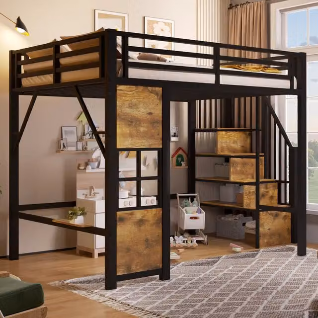 Letto a soppalco MIVRAY per bambini in metallo e MDF nero con scala contenitore e spazio aperto sottostante L/P/H: 200 x 140 x 170 cm – 1