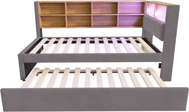 Divano letto multifunzione 90x200 cm con letto estraibile 90x190 cm, illuminazione LED, prese e ampi vani contenitori, rivestimento in flanella grigio scuro