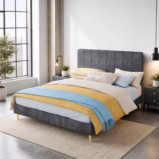 Letto matrimoniale 160x200 cm con testiera trapuntata a quadri in velluto grigio