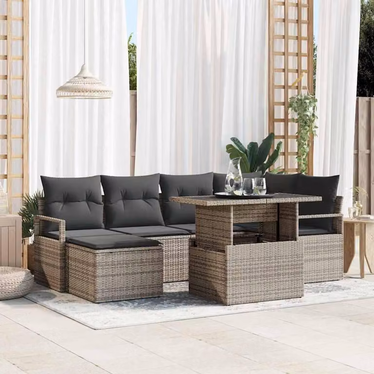 Set Divano da Giardino 7 pcs Grigio Poly Rattan