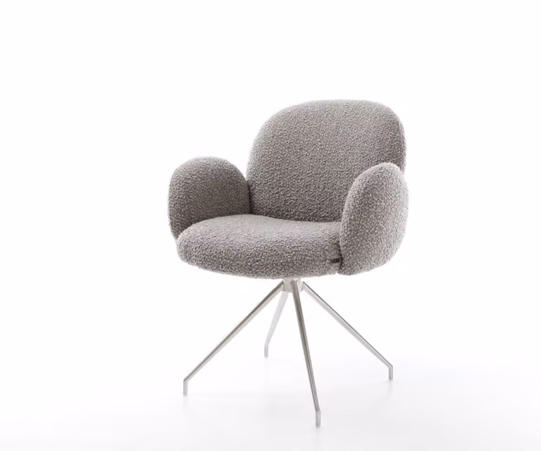 Sedia girevole DELIFE Nube-Flex con braccioli, rivestita in tessuto bouclé color argento-grigio, base a croce conica in acciaio inossidabile, girevole a 180°, con molle insacchettate