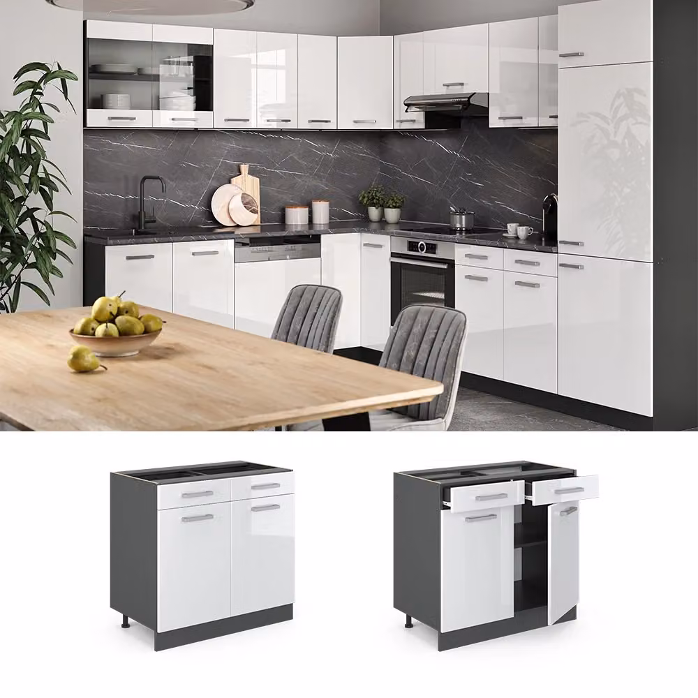 Mobiletto base per cucina Vicco R-Line Bianco lucido e Antracite con ante a battente e cassetti L: 80 cm, P: 46 cm, H: 81,6 cm – 2