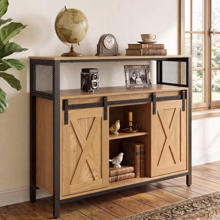 Costway Mobile credenza stile rustico in legno marrone con ante scorrevoli, 3 ripiani regolabili e scomparti aperti per soggiorno, cucina o sala da pranzo