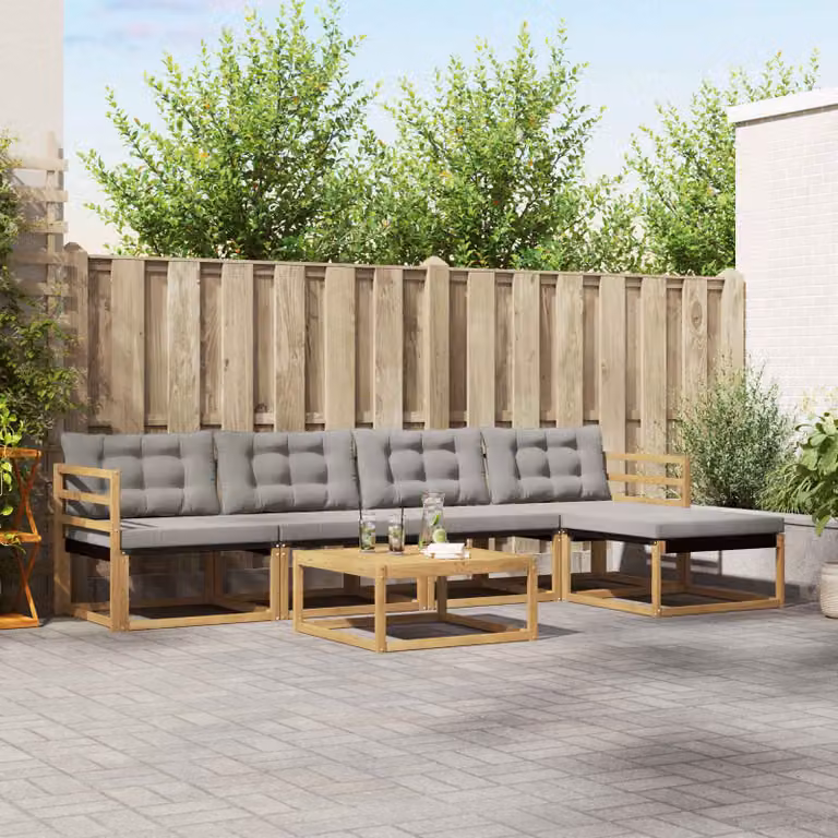 Set di divani da esterno vidaXL 6 pezzi in legno di acacia con tavolino e pouf, Bianco e Grigio