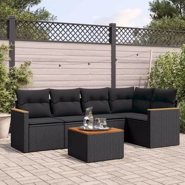 vidaXL Set Divano da Giardino a L 6 pz con Tavolino e Cuscini Neri in Polyrattan e Acciaio