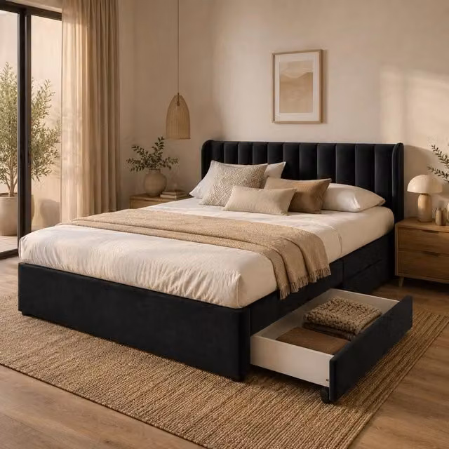 Letto imbottito Mivray con 2 cassetti su ruote e testiera alta in velluto nero L/P/H: 180 x 200 x 186 cm – 1
