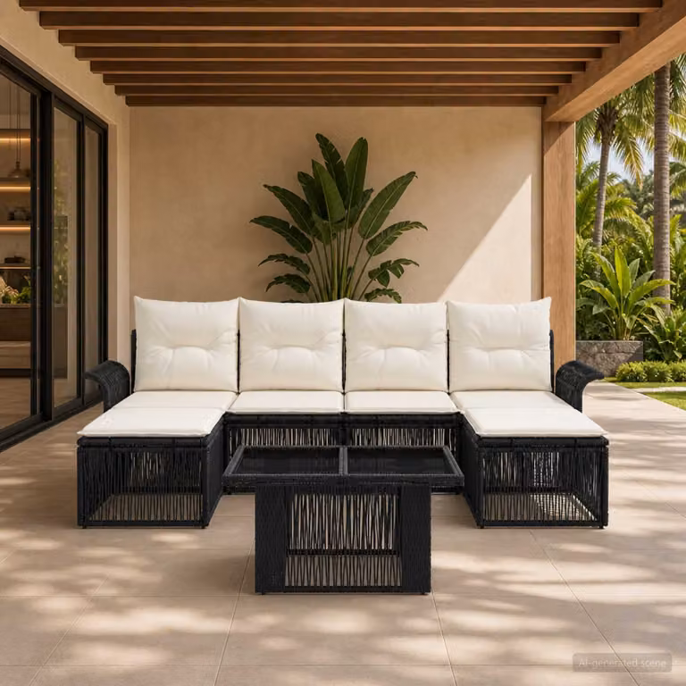 Set Divano da Giardino vidaXL 7 pz in Polyrattan Nero e Bianco Crema con Cuscini e Tavolino in Vetro