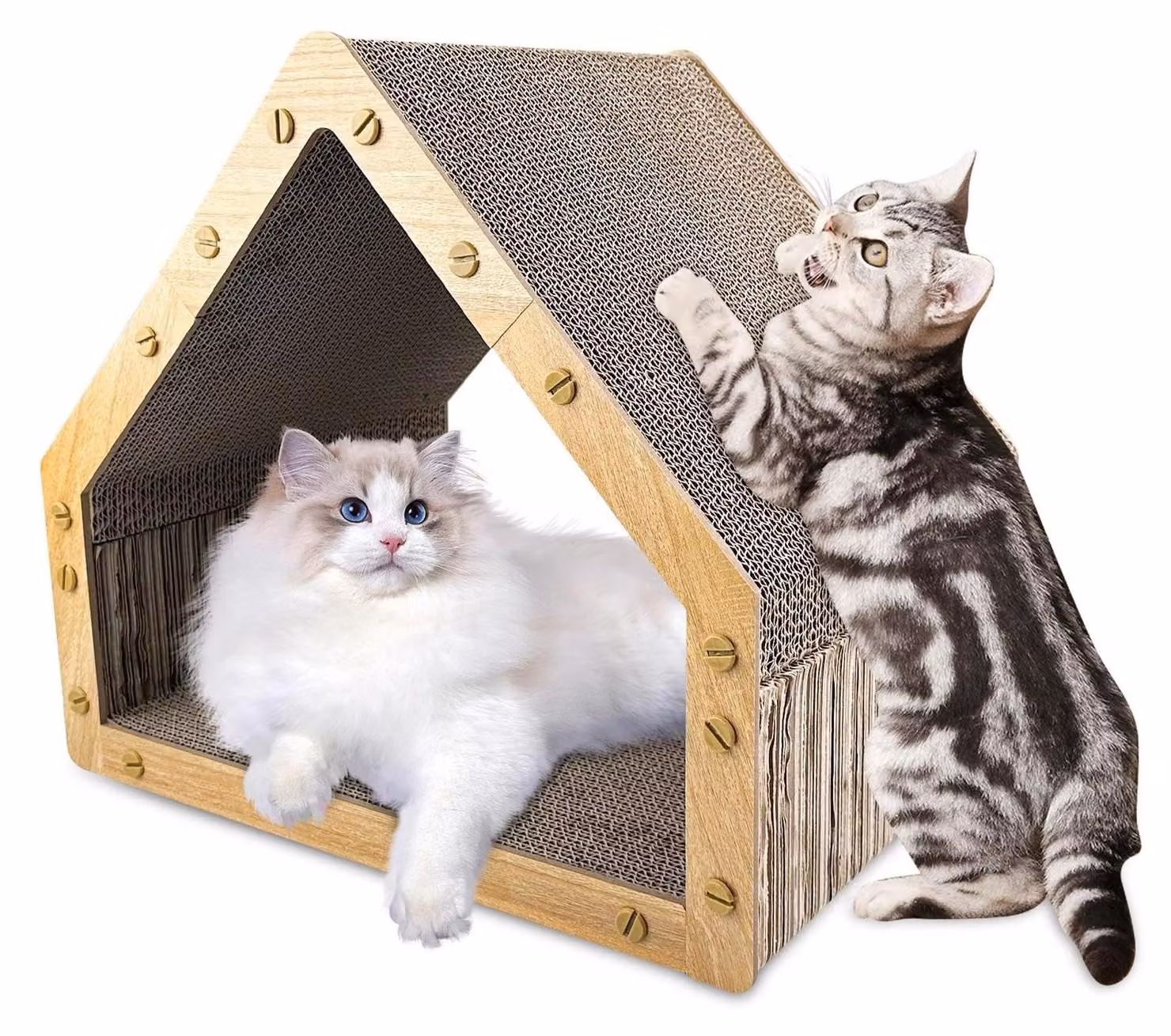 Tiragraffi a forma di casa per gatti, realizzato con materiali resistenti e duraturi