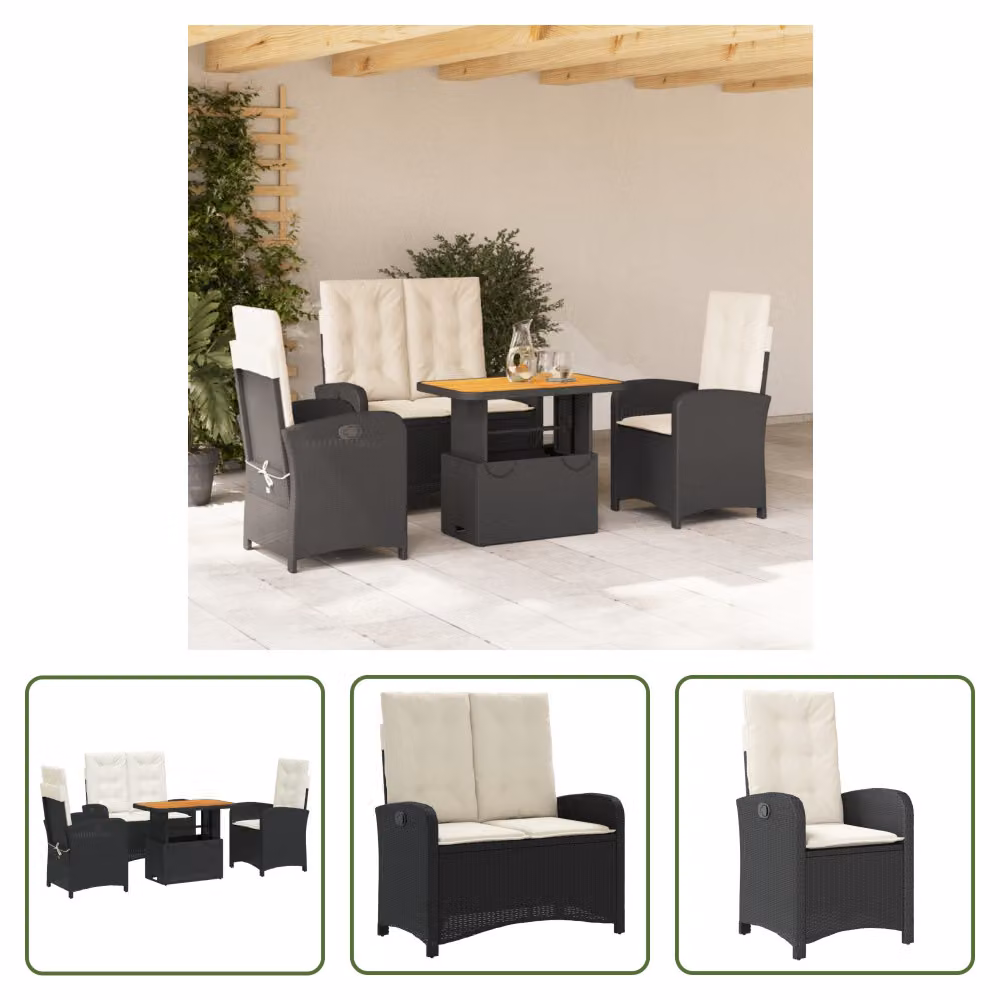 The Living Store Set da pranzo da giardino 4 pezzi con cuscini in poly rattan nero