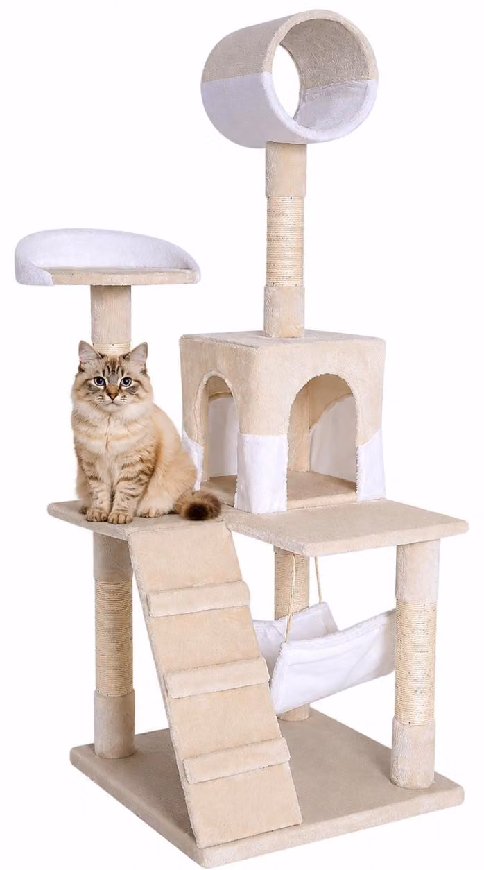 tiragraffi lionto, elegante albero per gatti da 133 cm con copertura in peluche, robusti pali in sisal e versatili aree di riposo, beige/bianco