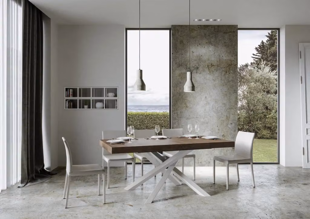Tavolo allungabile moderno Itamoby con piano in laminato noce e telaio bianco L: 90-420 cm, P: 77 cm – 2