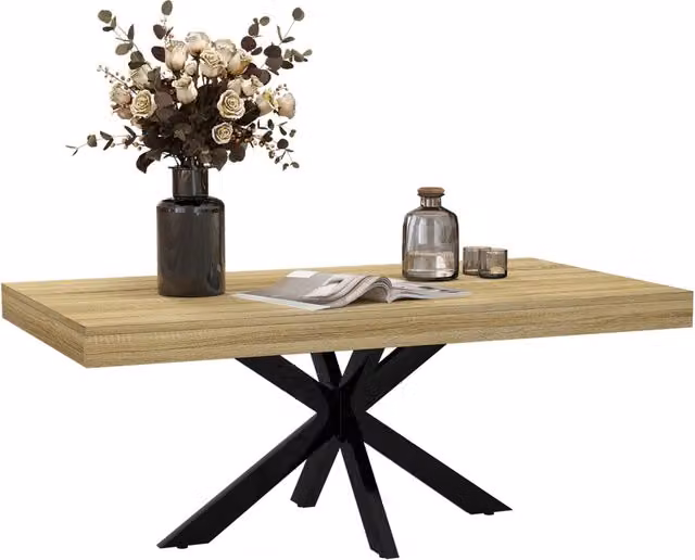 Tavolino da caffè rettangolare Xylo in metallo nero con piano effetto legno marrone, L: 110 cm, P: 60 cm, H: 45 cm