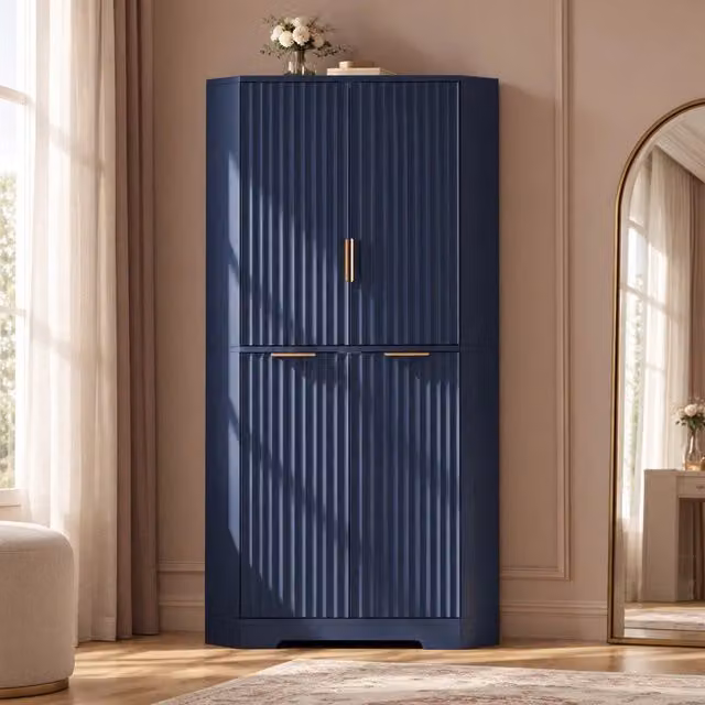 Mobile angolare con 4 ante e ripiani regolabili salvaspazio per cucina e soggiorno in MDF blu 60 × 60 × 172 cm