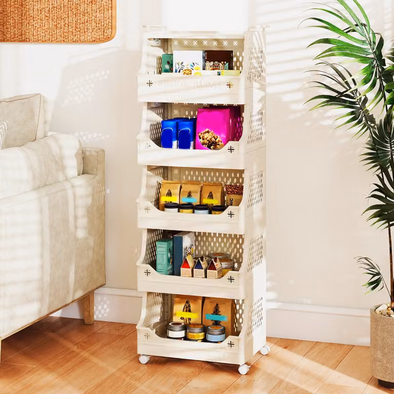 Carrello organizzatore per bucato Costway con 6 cestini impilabili in plastica con ruote, Beige