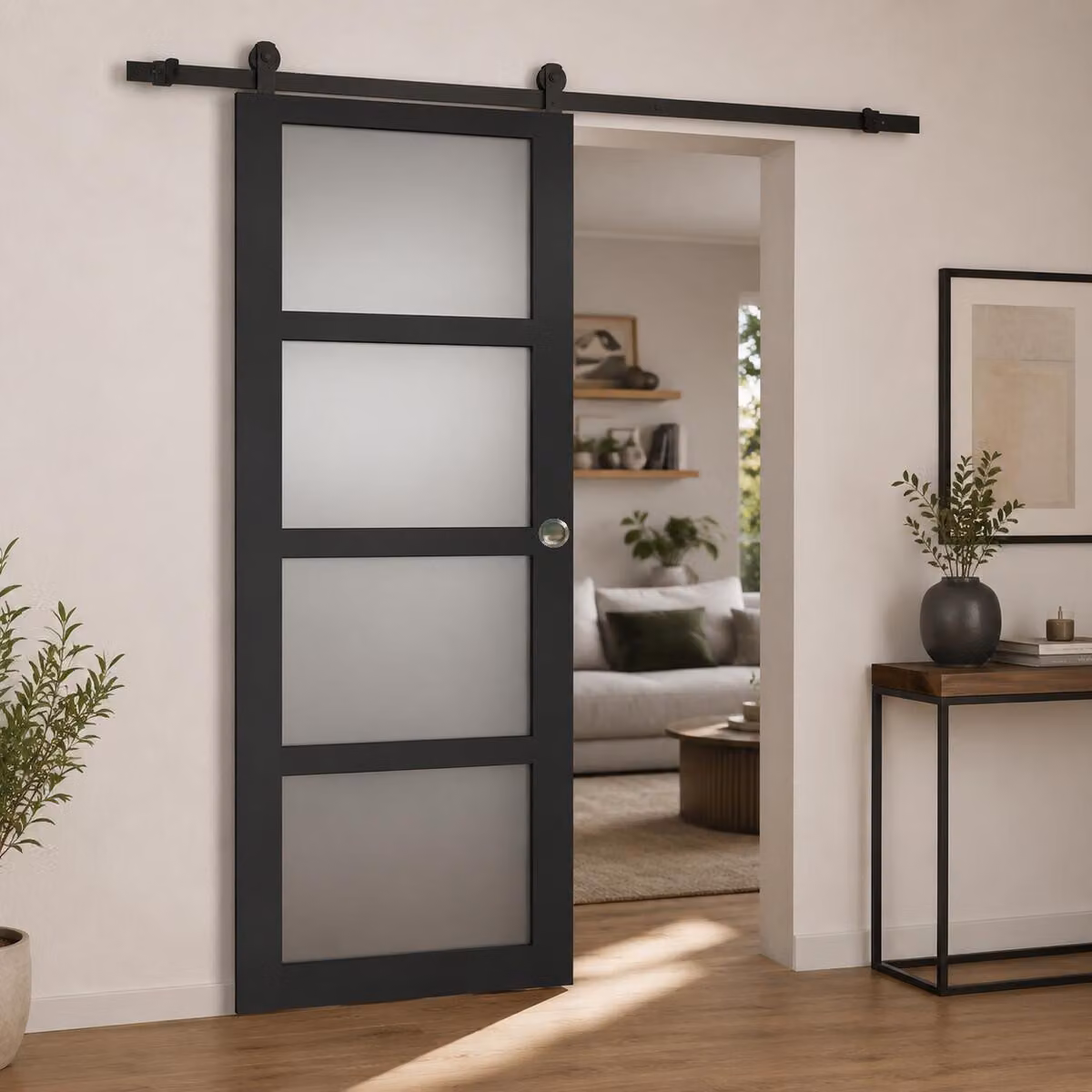 Porta scorrevole Telia nera con vetro H204 x L73 cm, binario con rotelle, gusci Gd Menuseries