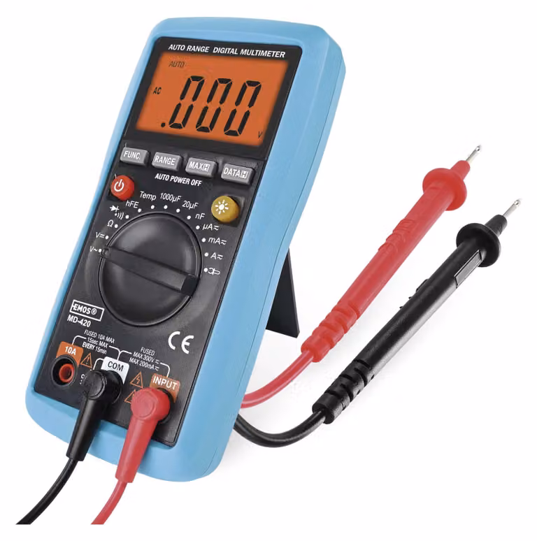 Multimetro digitale EMOS con puntali di misurazione, adattatori e sonda, per misurazioni AC e DC, con memoria e batterie, modello M0420N
