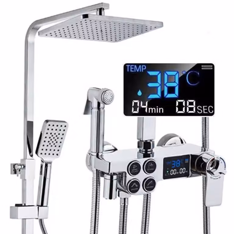 Sistema doccia con termostato, set doccia a pioggia, rubinetteria per doccia, indicatore LED, argento
